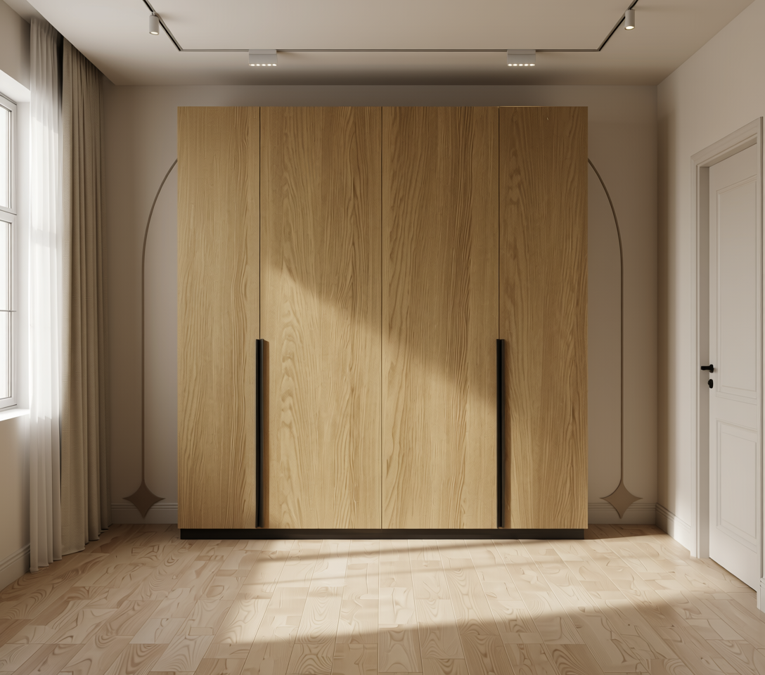 Brown laminate with wood grain texture and vertical grain direction.