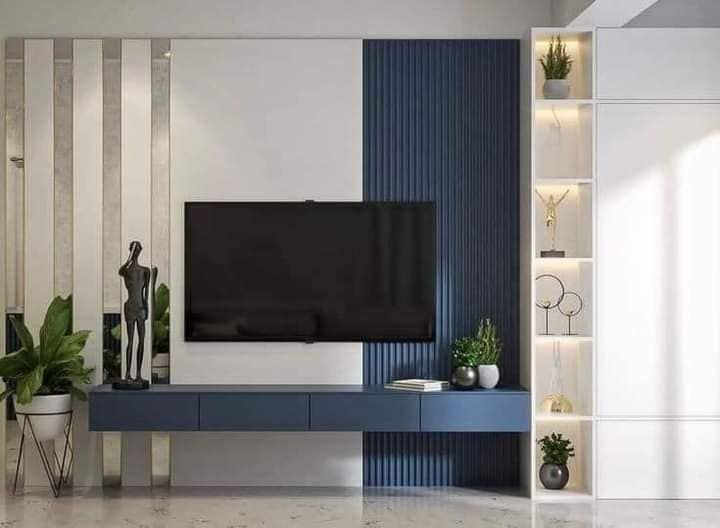 Blue Fluted Louver Feature Wall with Matte Laminate TV Unit