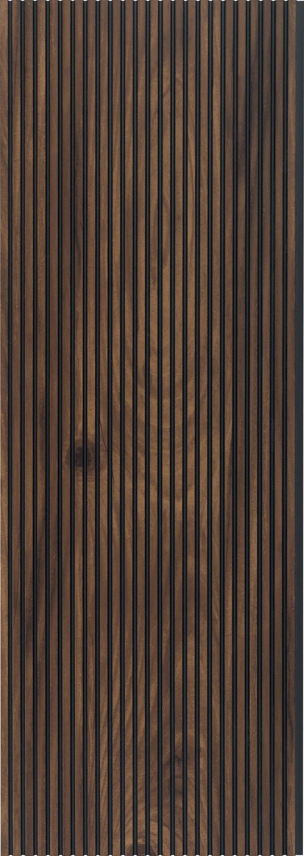 Brown fluted louver panel with matte finish and wood grain texture visible on vertical slats.
