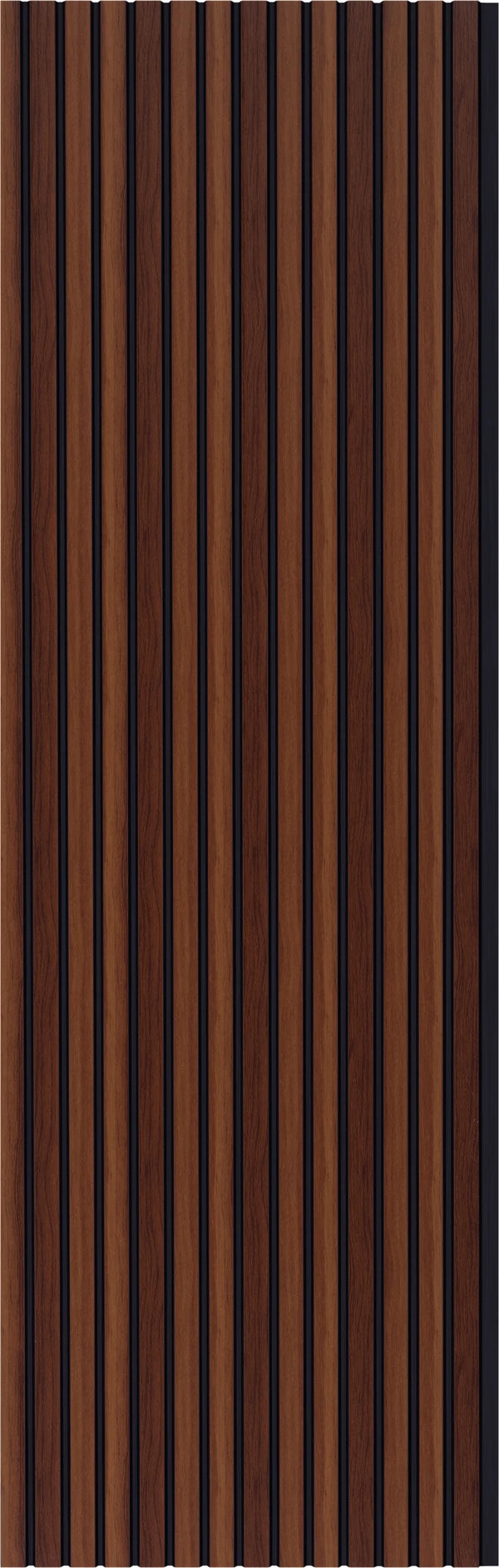 Brown wood louver panel with matte finish and wood grain texture in vertical slats with dark gaps between them