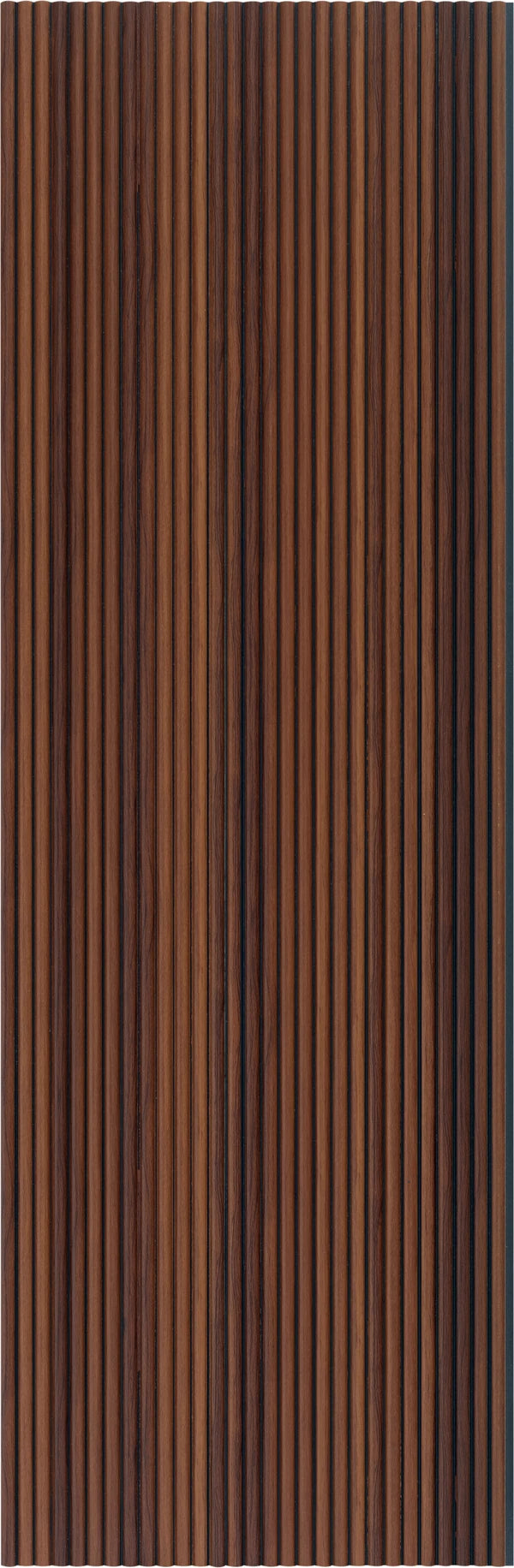 Brown fluted wall panel with matte finish and wood grain texture, showing vertical ridges and subtle color variations.