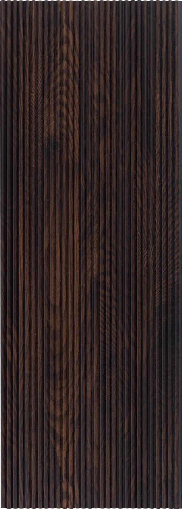 Brown fluted wall panel with matte finish and wood grain texture, showing vertical ridges and dark brown color variation.