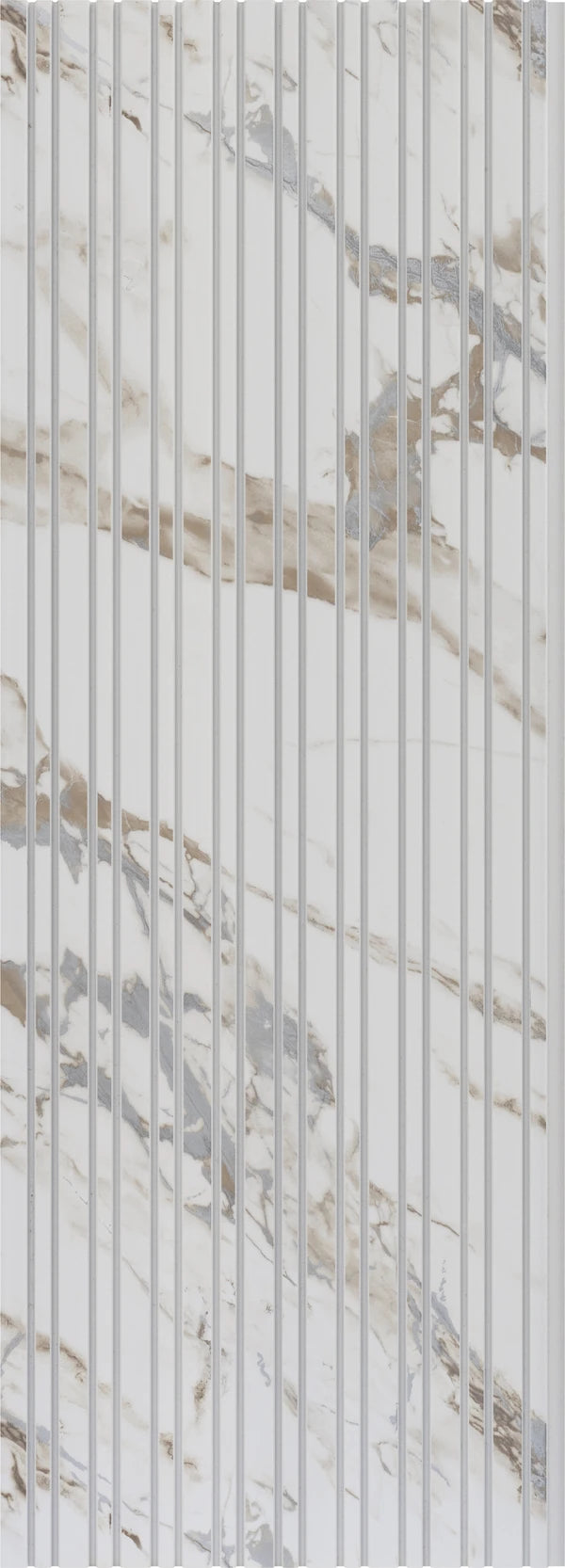 White marble louver panel with vertical slats and beige grey veining, matte finish, stone pattern visible between slats