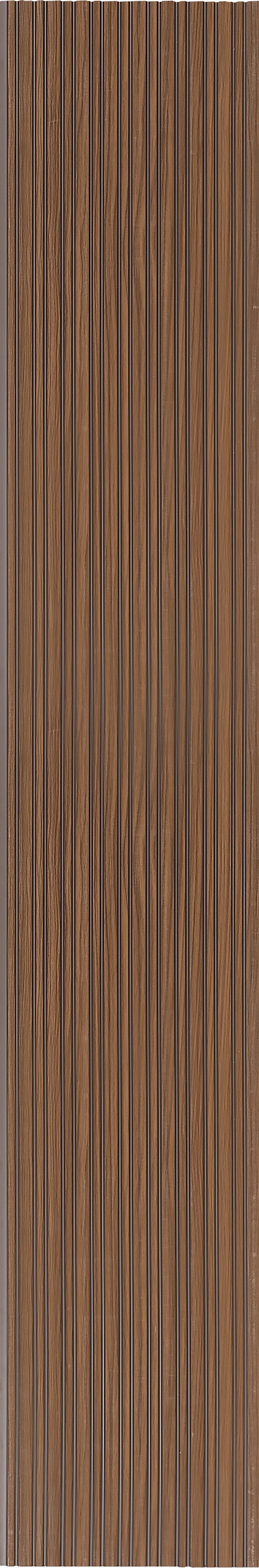 Brown wood grain louver panel with matte finish and vertical slats showing wood texture and grain pattern