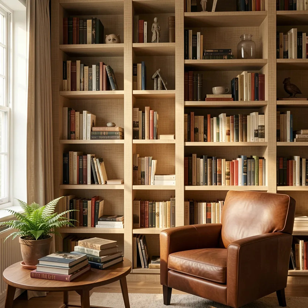 Beige textured laminate with a woven cane pattern and embossed finish.