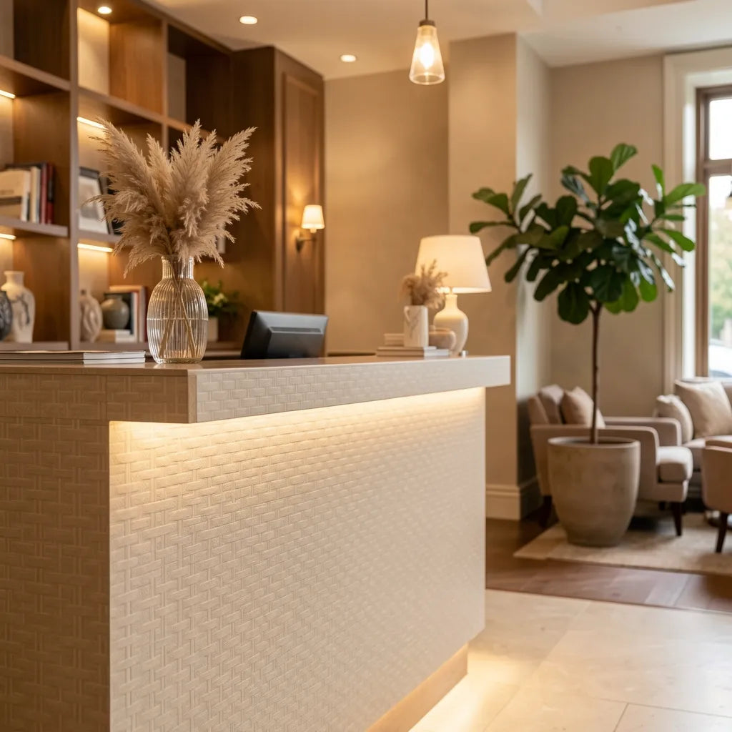 Beige textured laminate with a woven cane pattern and embossed finish.