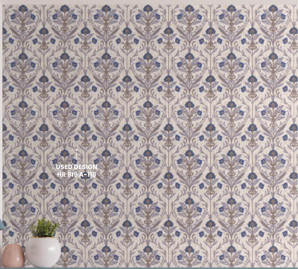 Beige laminate with blue floral pattern and textured finish for decorative use.