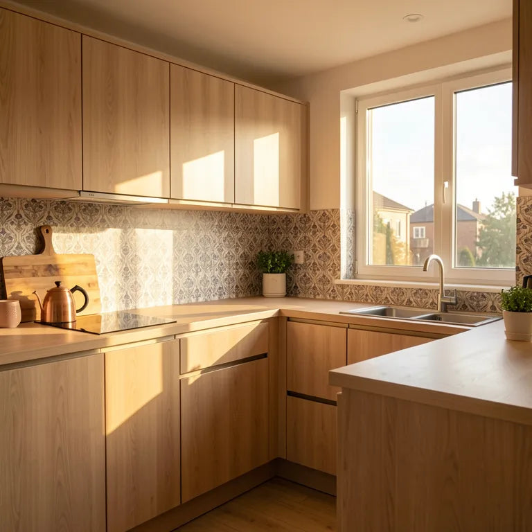 Beige laminate with blue floral pattern and textured finish for decorative use.