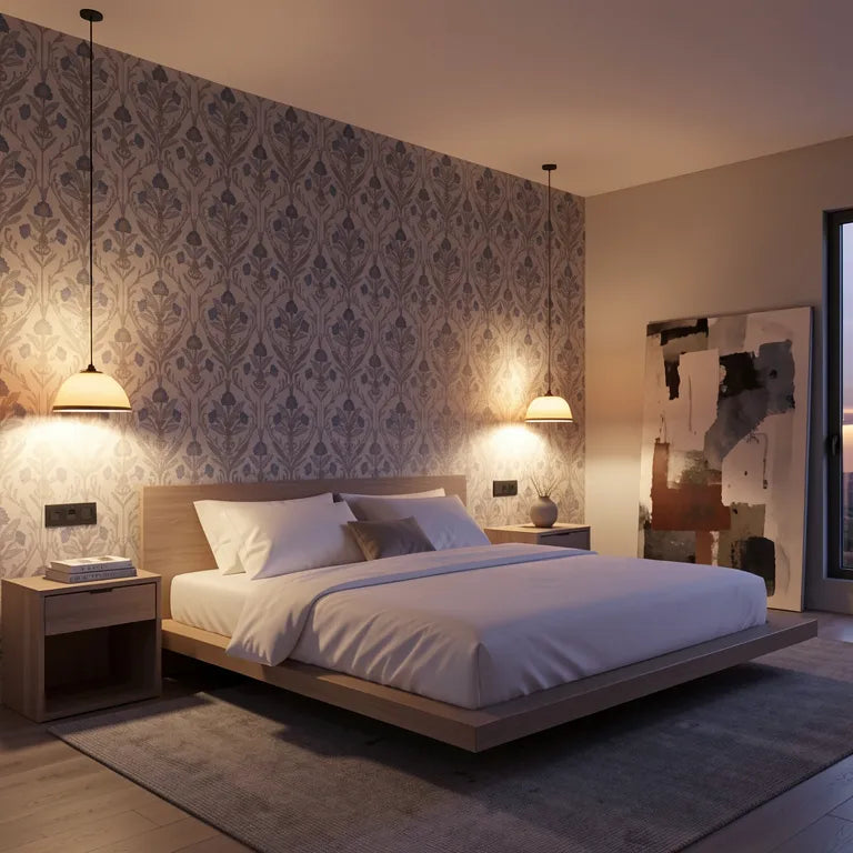 Beige laminate with blue floral pattern and textured finish for decorative use.