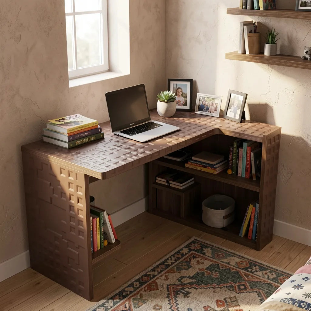 Brown laminate with textured geometric pattern and embossed squares.