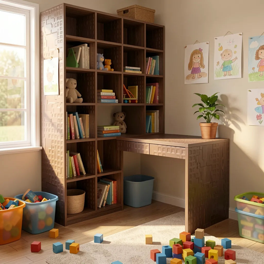 Brown laminate with textured geometric pattern and embossed squares.