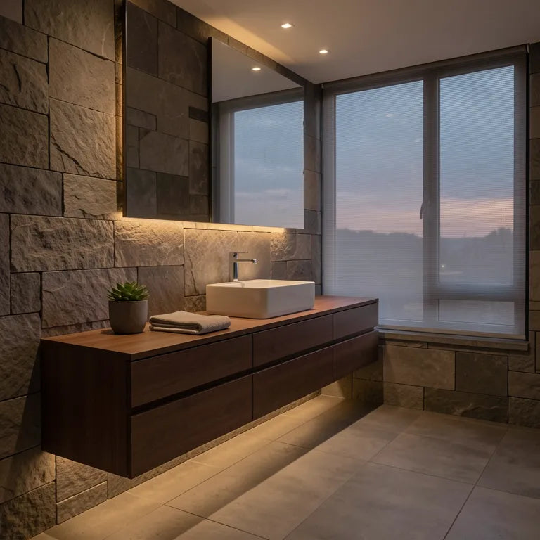 Brown matte laminate with wood grain pattern and square tile design.