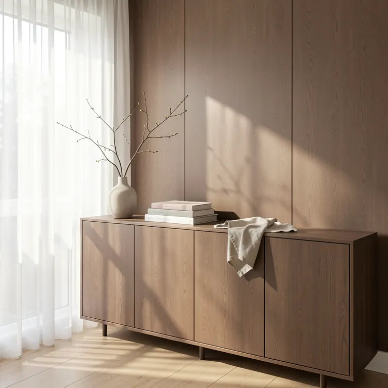 Brown matte laminate with wood grain pattern and square tile design.