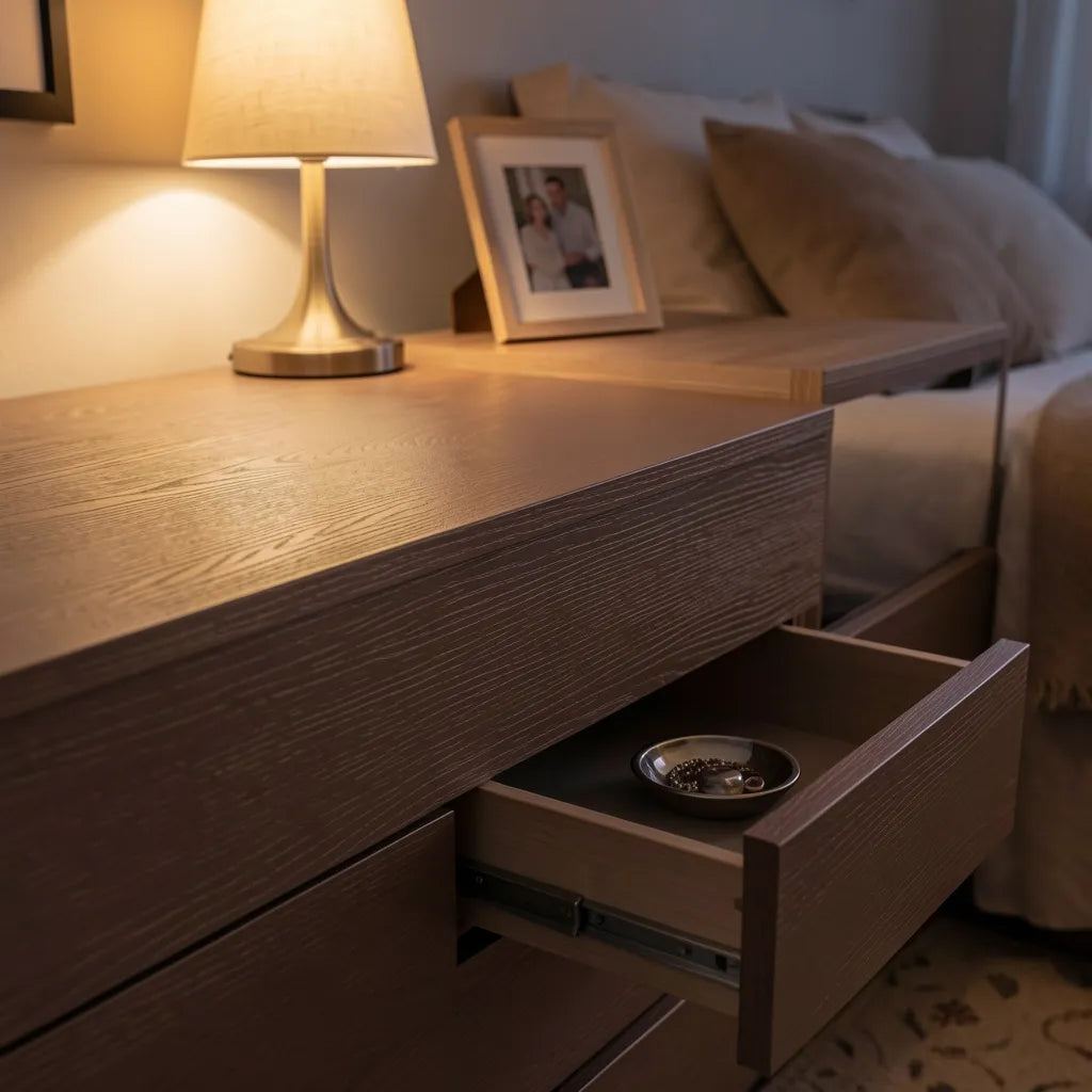 Brown laminate with textured finish and visible wood grain pattern.