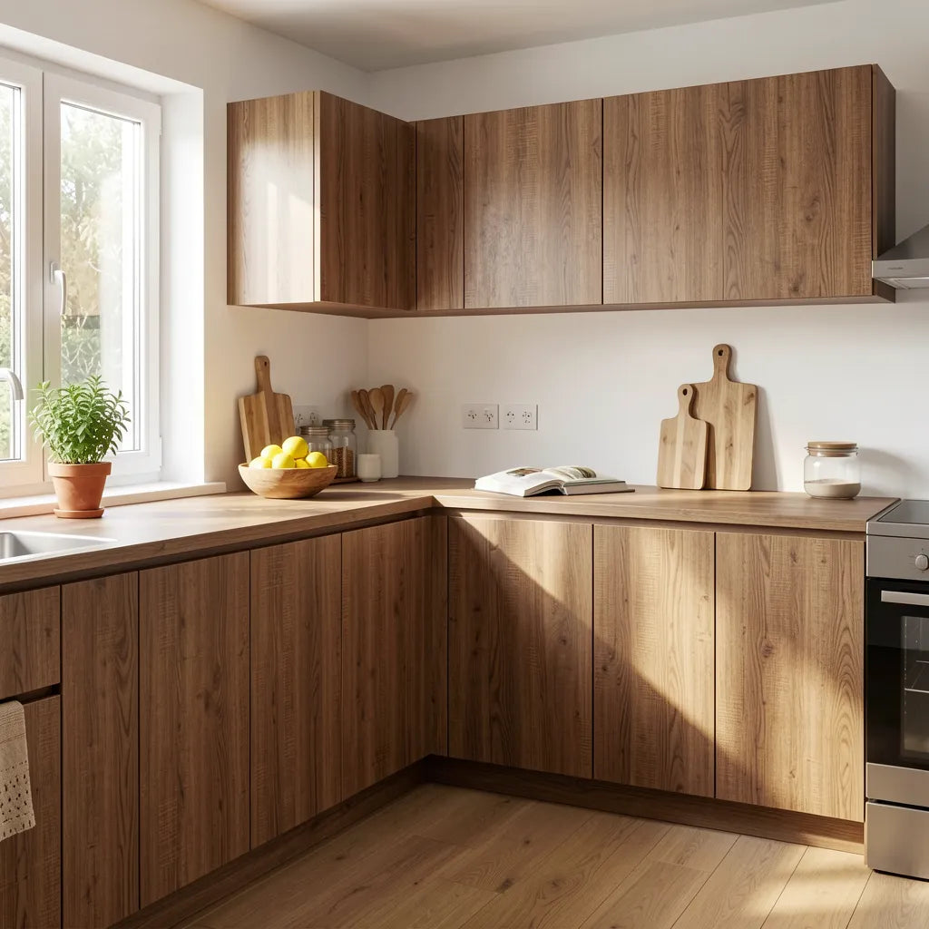 Brown laminate with textured wood grain pattern and subtle geometric design.
