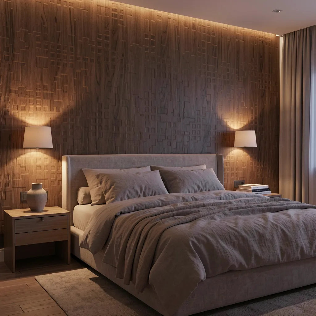 Brown laminate with textured wood grain pattern and subtle geometric design.