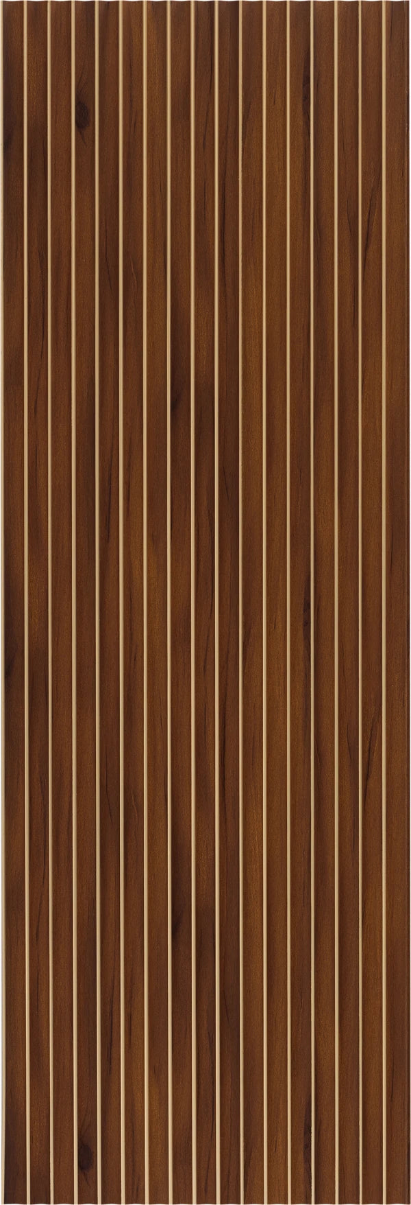 Brown wood louver panel with vertical slats and matte finish showing wood grain texture and subtle sheen variation