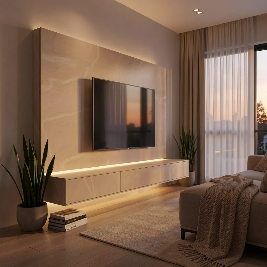 Beige matte laminate with a smooth, even surface and subtle marble-like appearance.