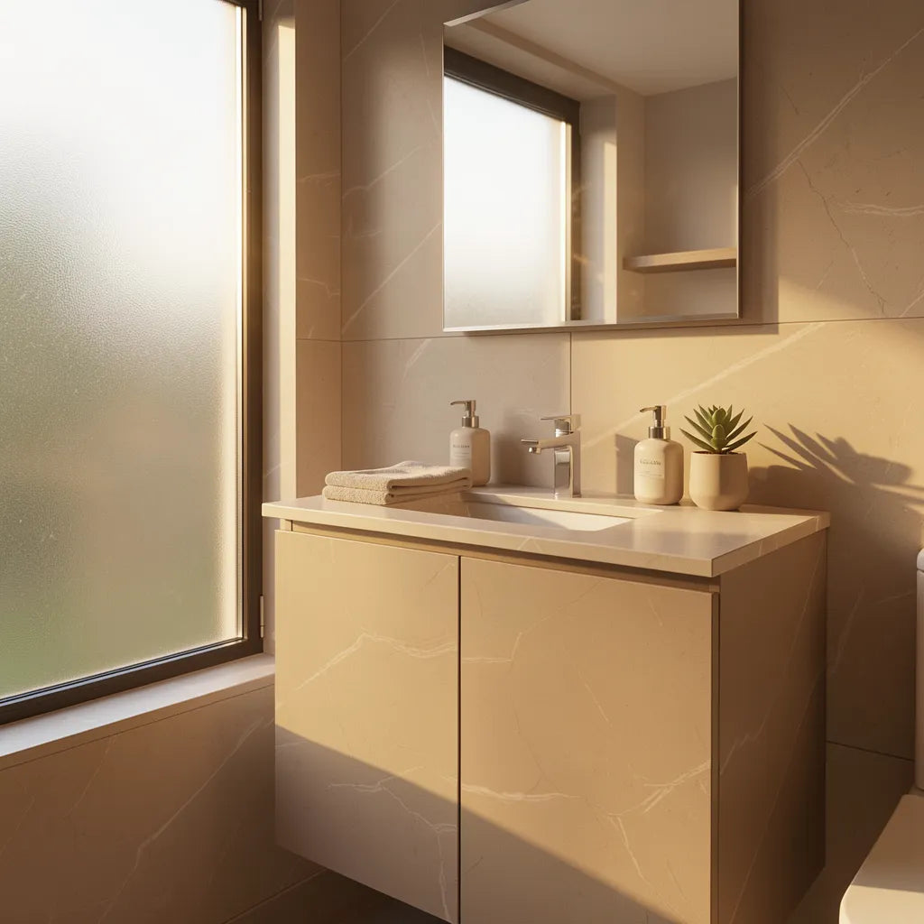 Beige matte laminate with a smooth, even surface and subtle marble-like appearance.