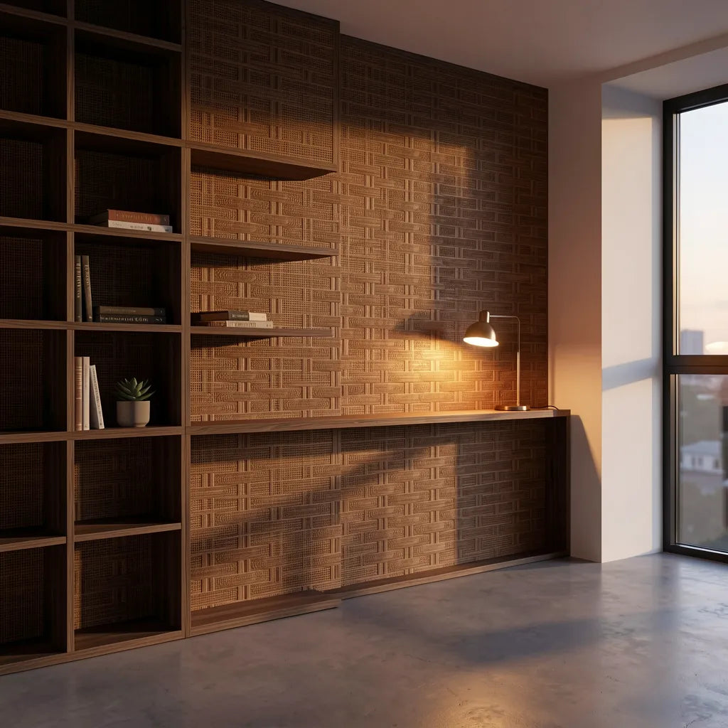 Brown textured laminate with woven cane pattern and visible wood grain.