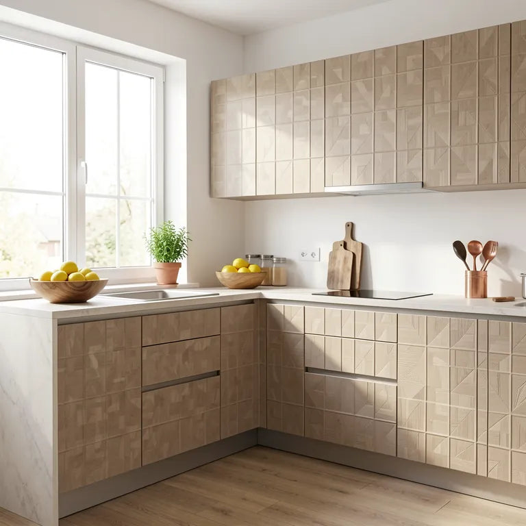 Beige laminate with a textured geometric pattern and subtle vertical grain direction.