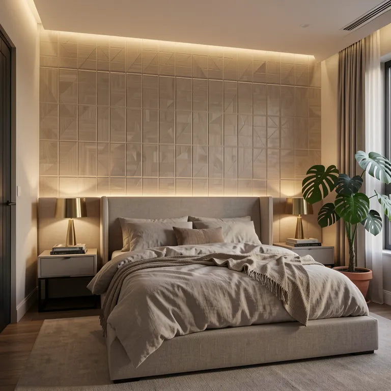 Beige laminate with a textured geometric pattern and subtle vertical grain direction.