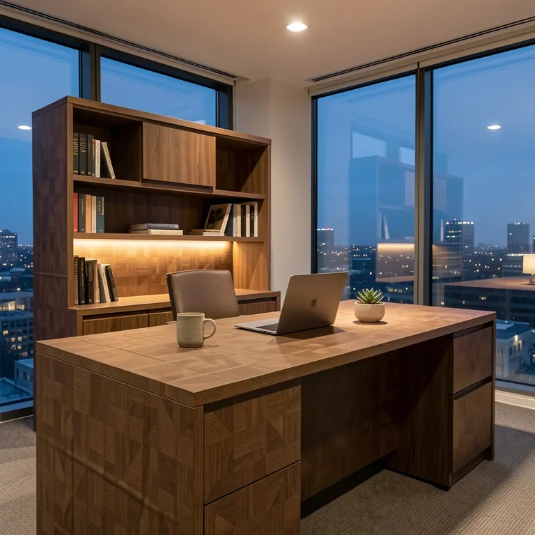 Brown laminate with geometric pattern and textured finish.
