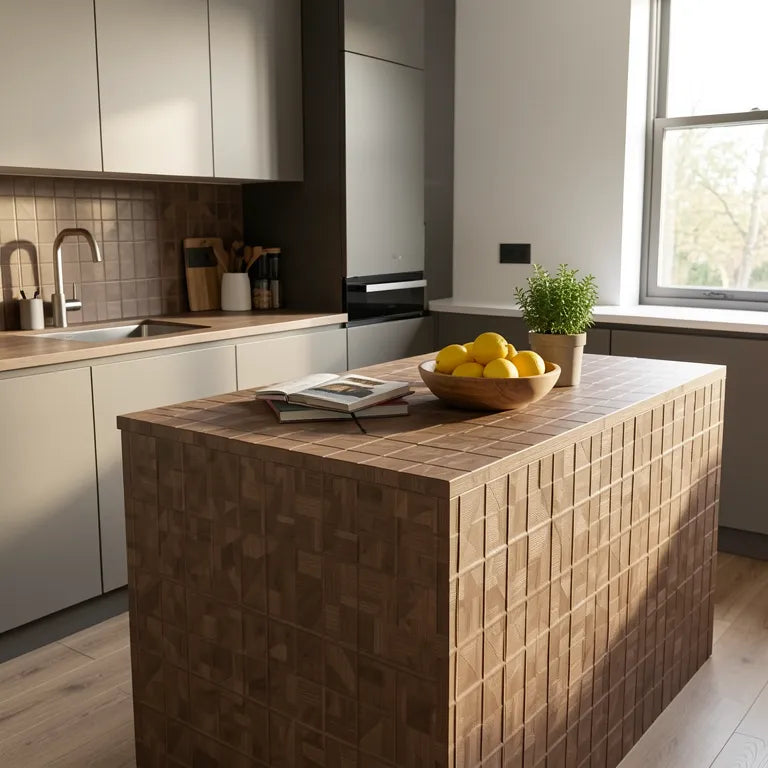 Brown laminate with geometric pattern and textured finish.