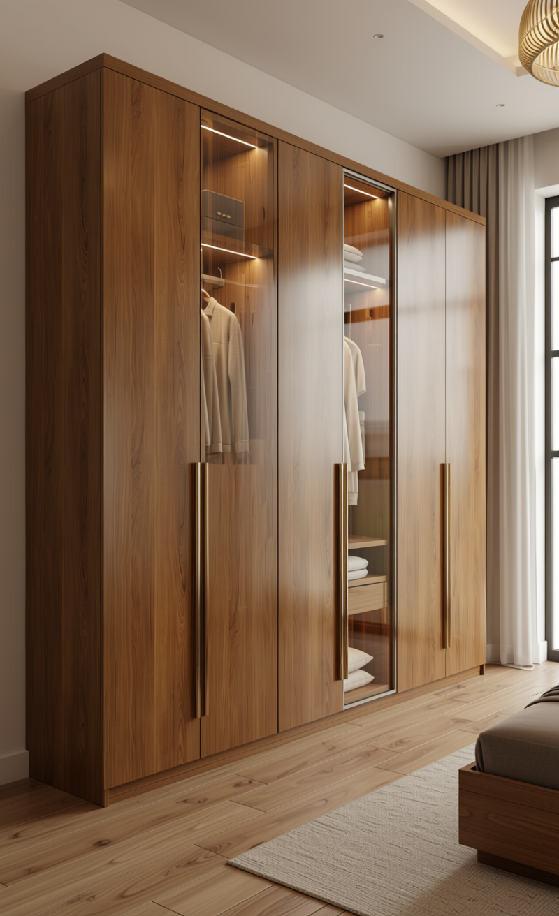 Brown laminate with wood grain texture and vertical pattern, featuring rounded top edge.