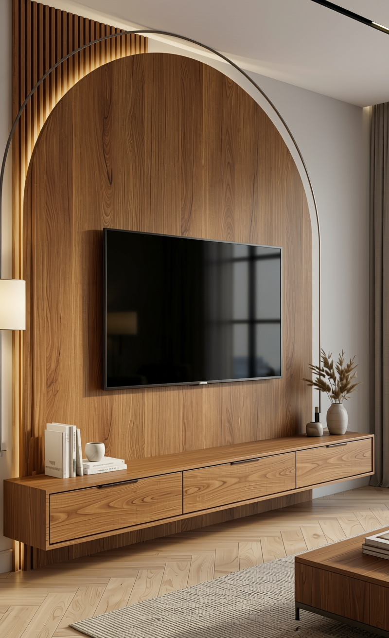 Brown laminate with wood grain texture and vertical pattern, featuring rounded top edge.