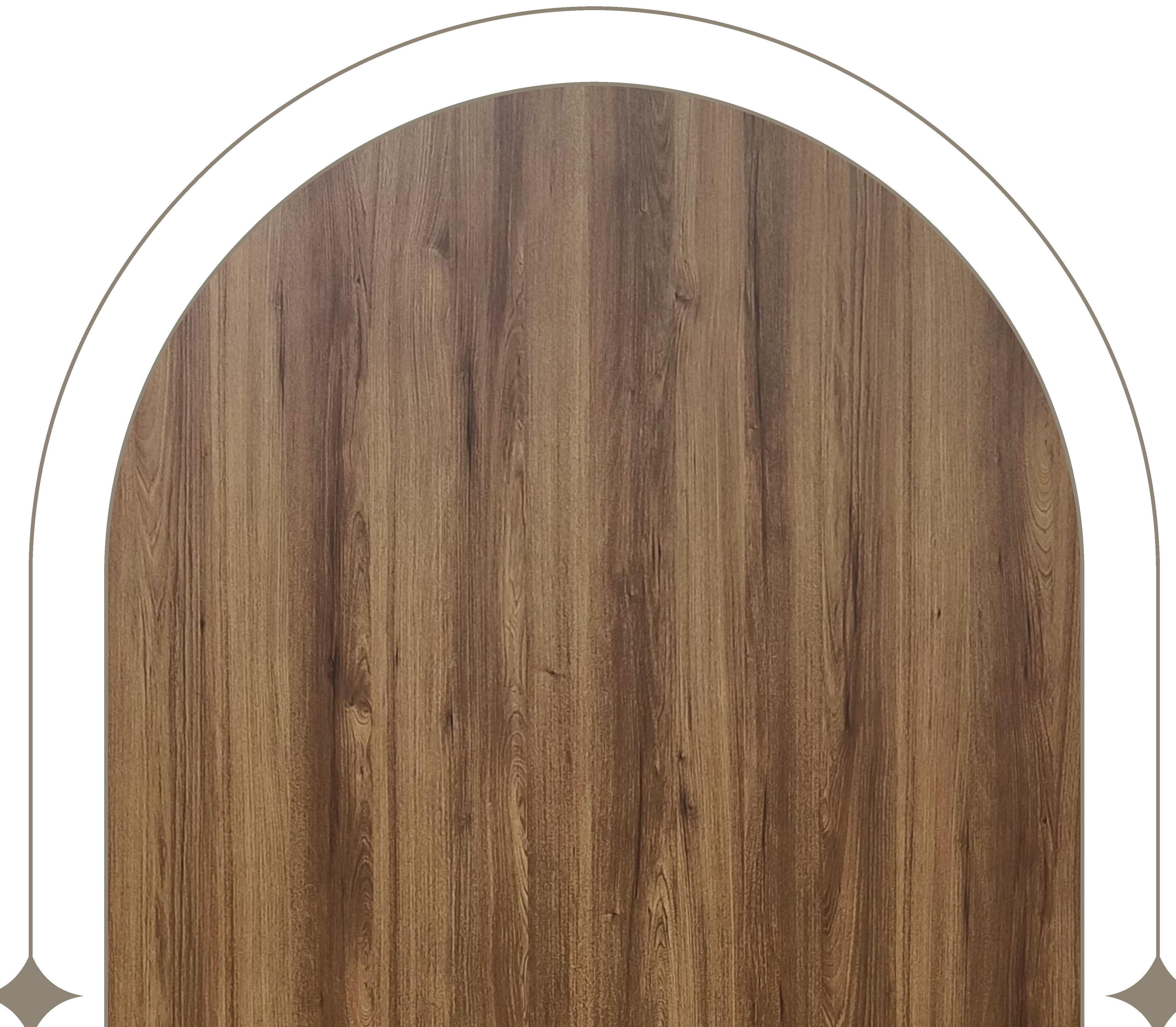Brown laminate with vertical wood grain texture and subtle sheen in an arched frame.