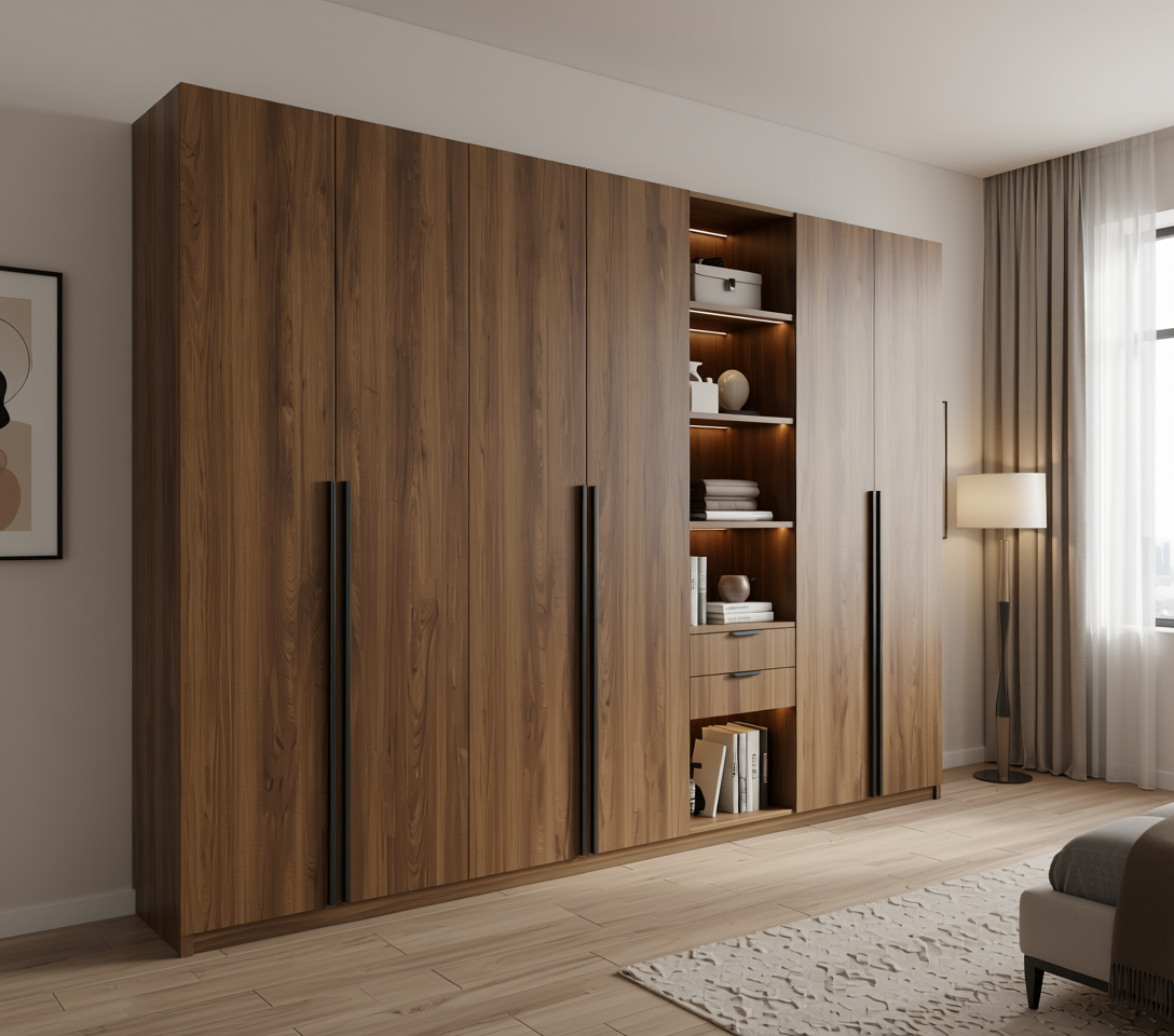 Brown laminate with vertical wood grain texture and subtle sheen in an arched frame.