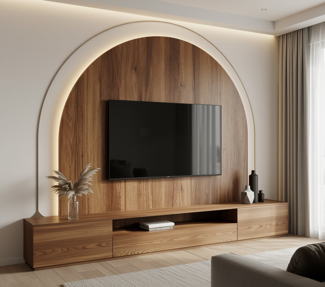 Brown laminate with vertical wood grain texture and subtle sheen in an arched frame.