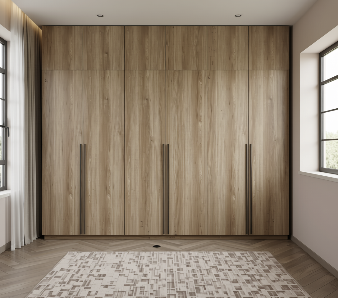 Brown laminate with wood grain texture and vertical grain direction.