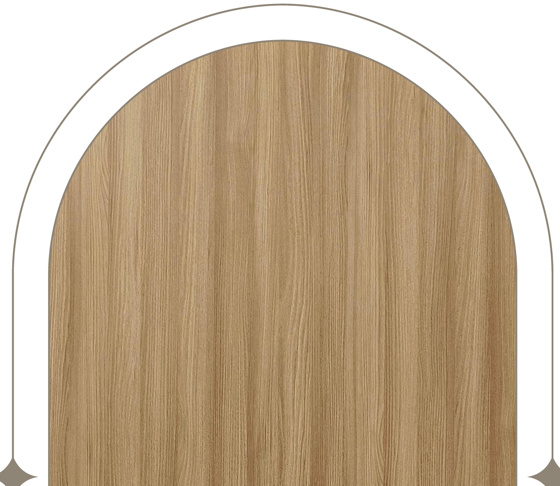 Beige wood-grain laminate with vertical texture and subtle sheen, framed by a white arch.