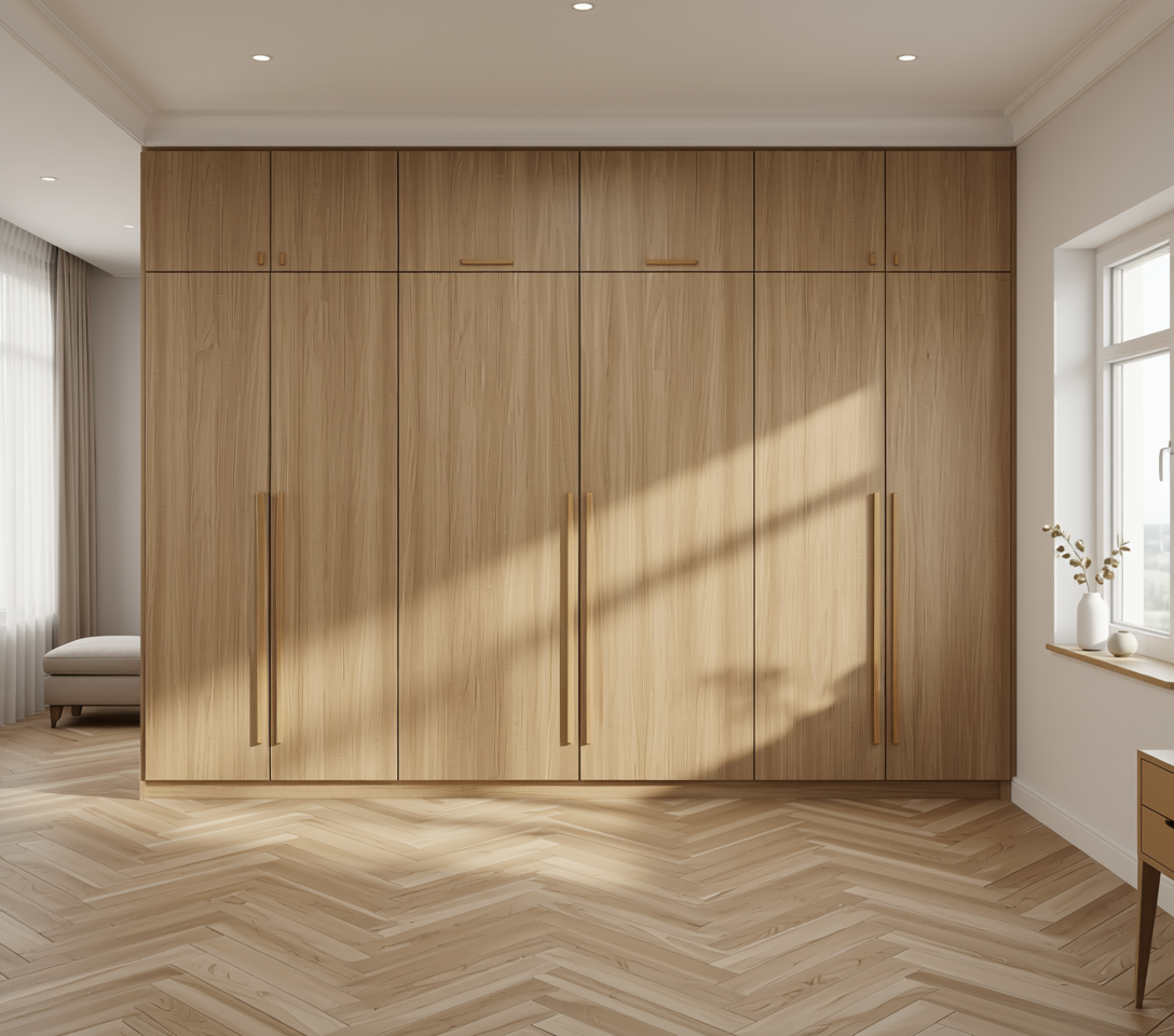 Beige wood-grain laminate with vertical texture and subtle sheen, framed by a white arch.