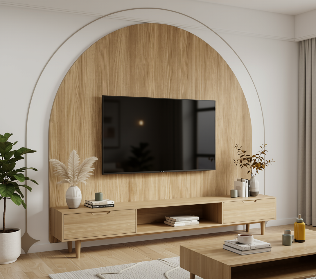 Beige wood-grain laminate with vertical texture and subtle sheen, framed by a white arch.