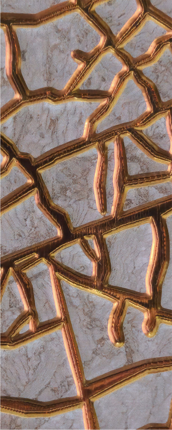 Brown designer louver with textured geometric pattern and raised copper lines on marble-like background