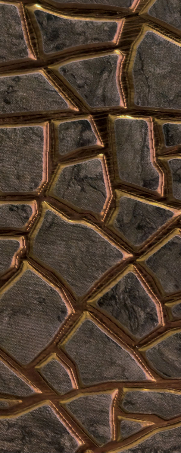 Brown designer wall panel with textured finish and geometric pattern, showing raised copper-colored lines and dark brown