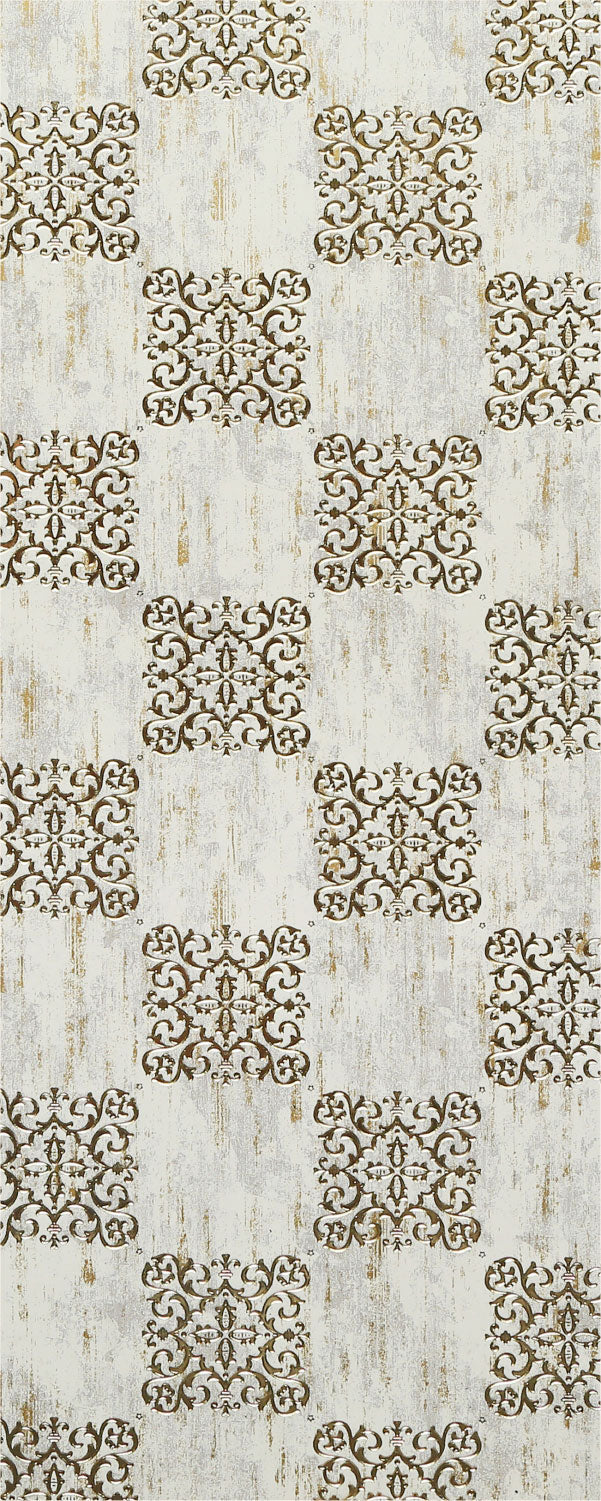 Beige textured louver panel with embossed floral pattern and distressed finish, featuring intricate designs and subtle sheen.