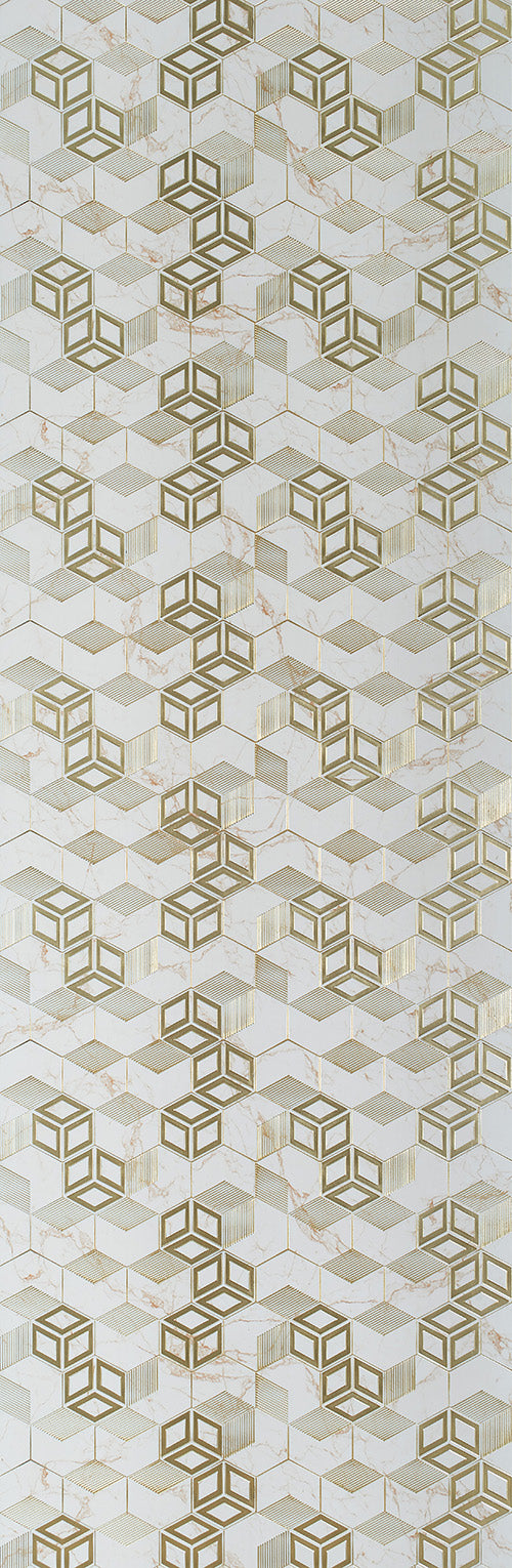 Multi-color geometric pattern on textured designer wall panel with gold cubes and marble effect background