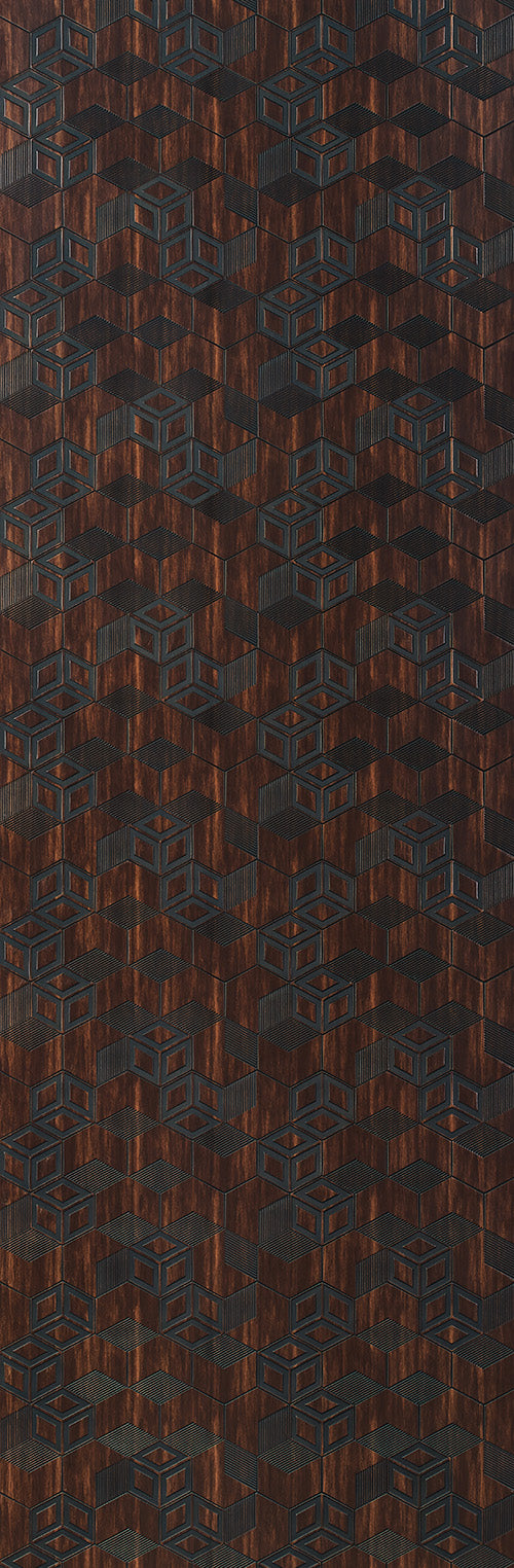 Brown textured louver panel with 3D cube pattern and wooden grain finish.
