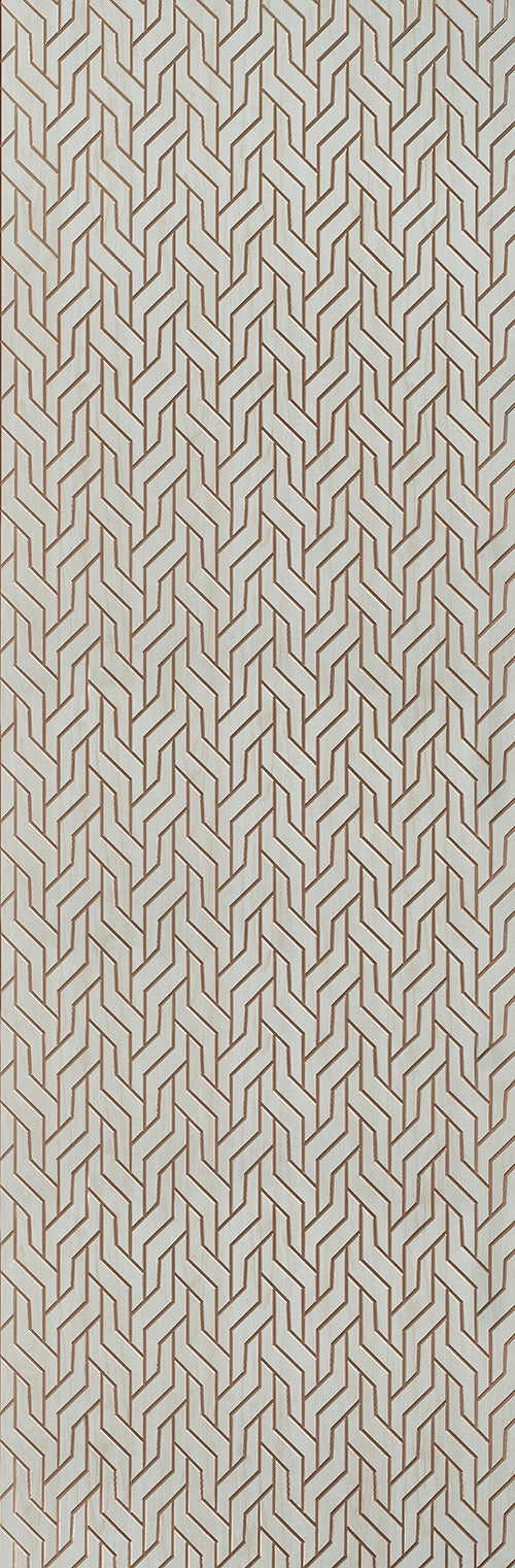 Wood louver panel with textured multi-color chevron pattern and wood grain visible on beige and brown surface.