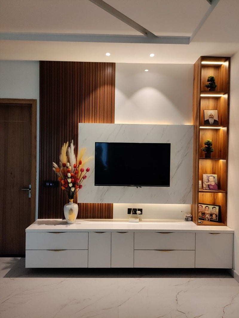 White laminate TV unit with marble and wood veneer wall