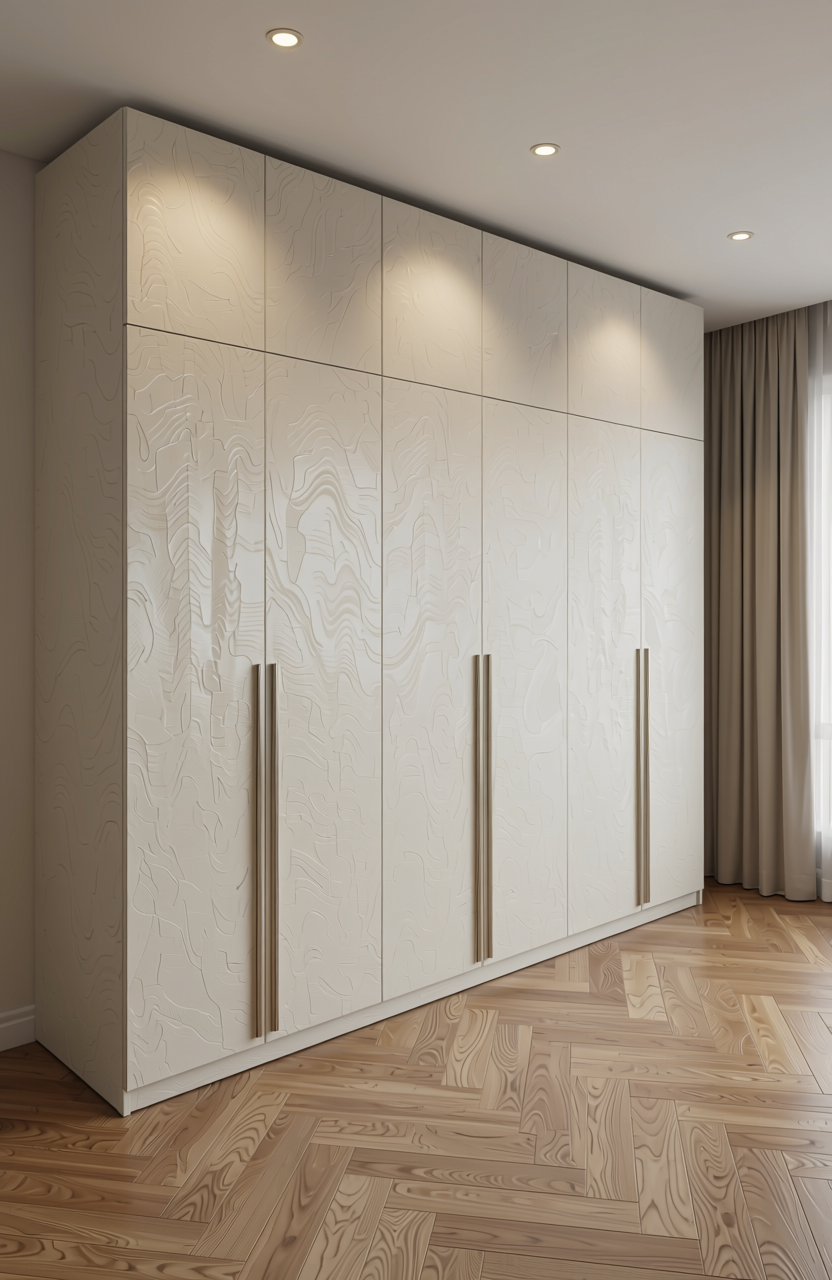 Beige textured laminate with subtle swirling pattern and matte finish.