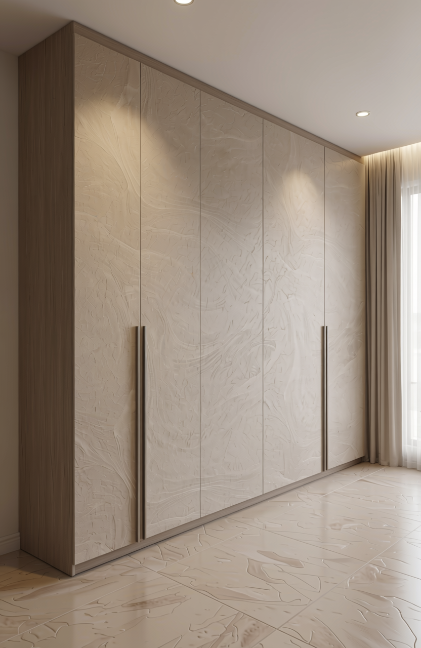 Beige marble laminate with matte finish and swirling pattern.