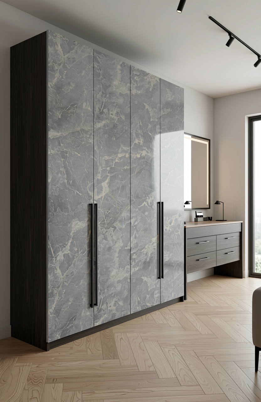 Grey marble laminate with white veining and matte finish.