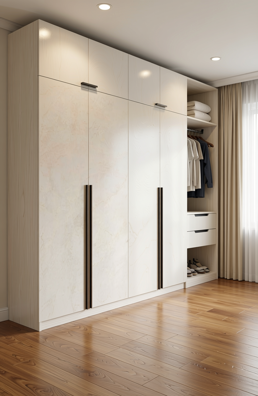 Beige marble laminate with glossy finish and subtle veining texture.