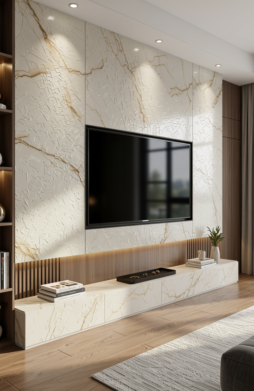 Beige marble laminate with glossy finish and subtle veining texture.
