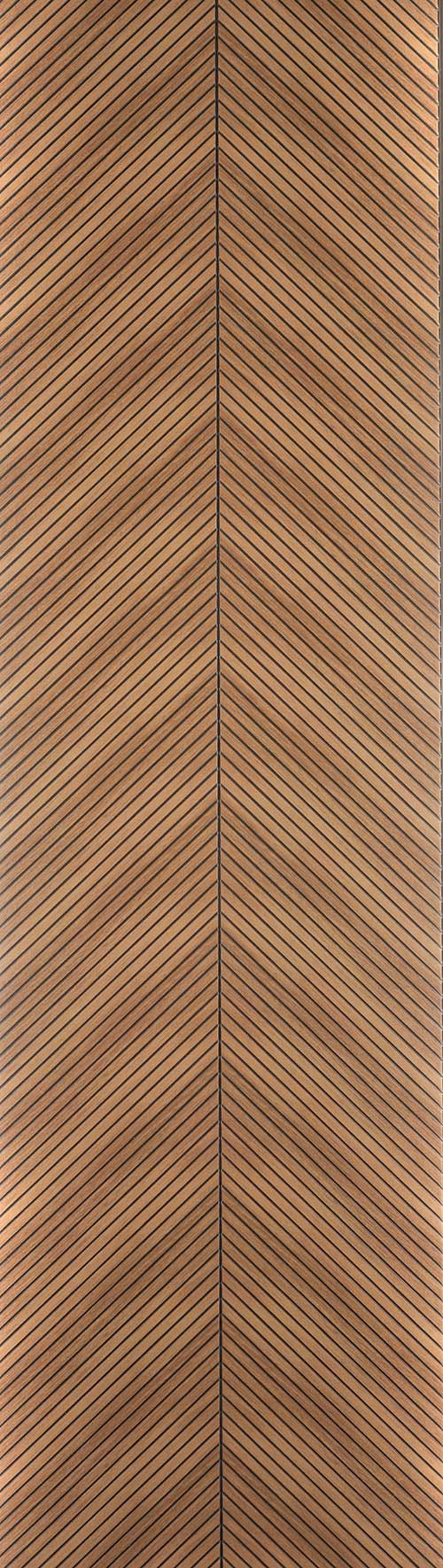 Brown wood louver panel with matte finish and diagonal slats forming a chevron pattern with visible wood grain texture